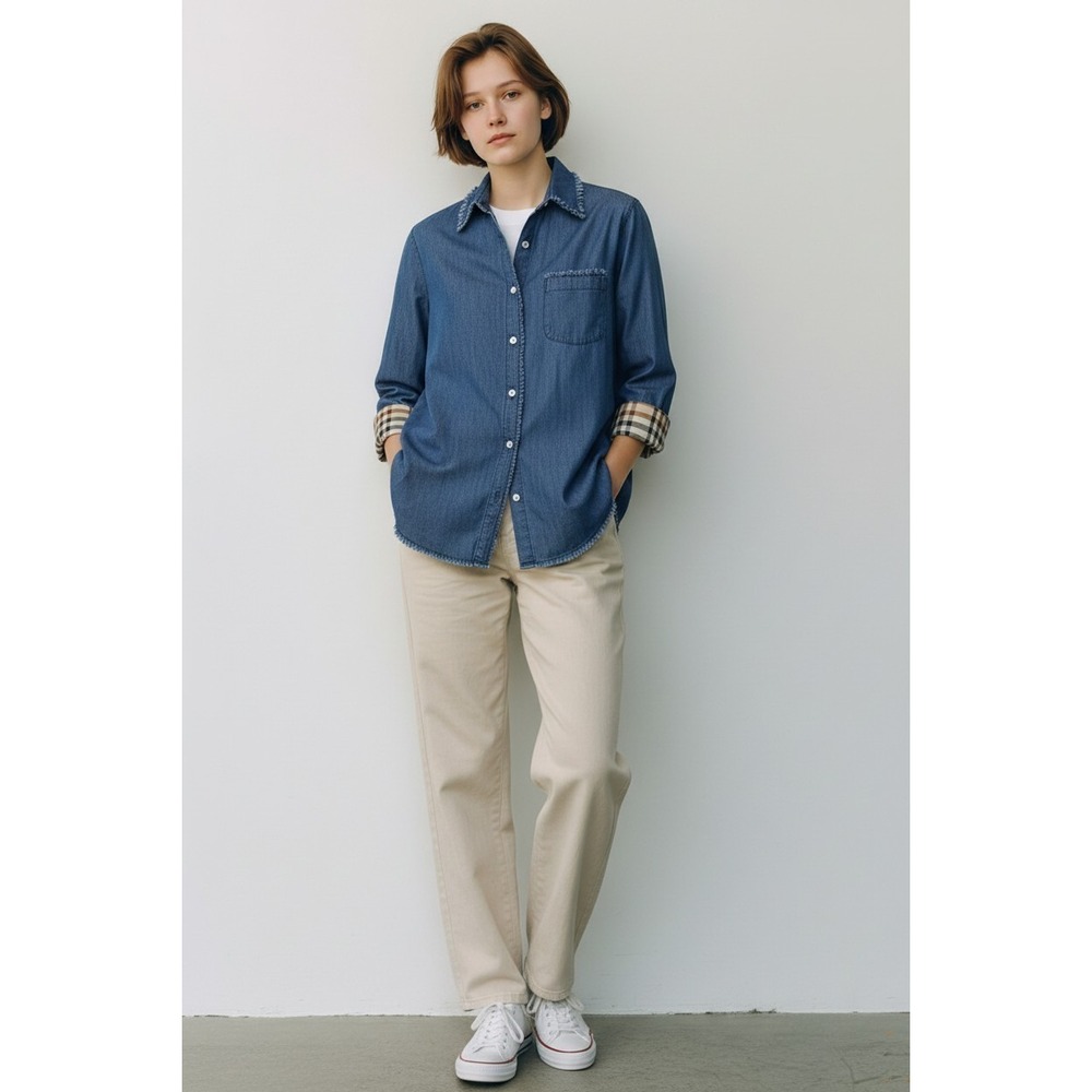 Tizzie LS Denim Ruffle Edge Button Up Shirt Size Large